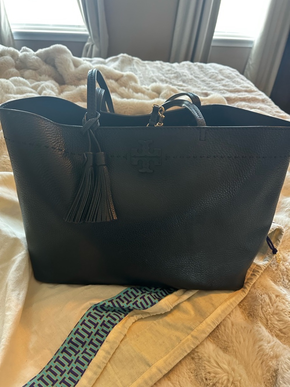 Tory Burch Black Leather Tassel Logo Tote